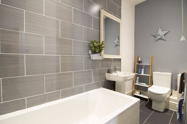 Combined shower/tub, hair dryer, towels, toilet paper