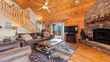 Televisie, een open haard, een dvd-speler en boeken