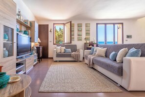 Smart TV, fireplace, books