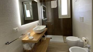 Shower, hair dryer, bidet, towels