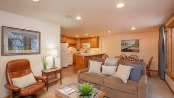 Smart TV, fireplace, books, stereo