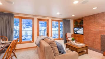 Smart TV, fireplace, books, stereo