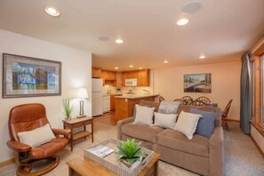 Smart TV, caminetto, libri, impianto stereo