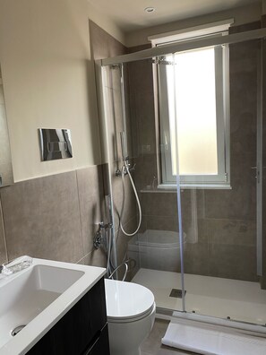 Dusche, Haartrockner, Handtücher, Seife