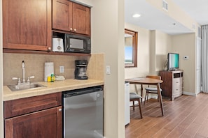 Fridge, microwave, coffee/tea maker, toaster
