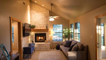 Smart TV, fireplace, books