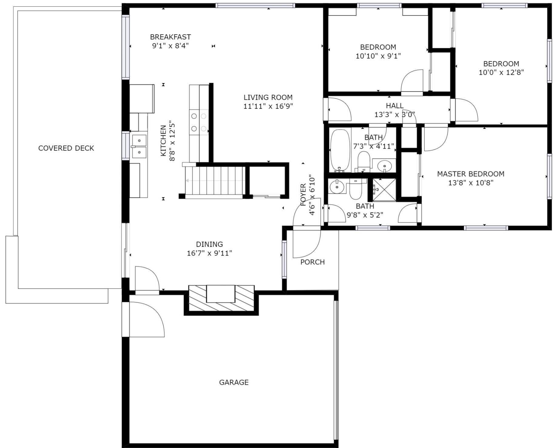 Grundriss eines Hauses mit überdachter Terrasse, Küche, Esszimmer, Wohnzimmer, zwei Schlafzimmern, einem Hauptschlafzimmer, einem Badezimmer, einer Diele und einer Garage.