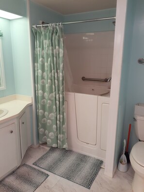 Hair dryer, towels, soap, shampoo