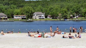 A lakeside beach with people sunbathing and swimming.