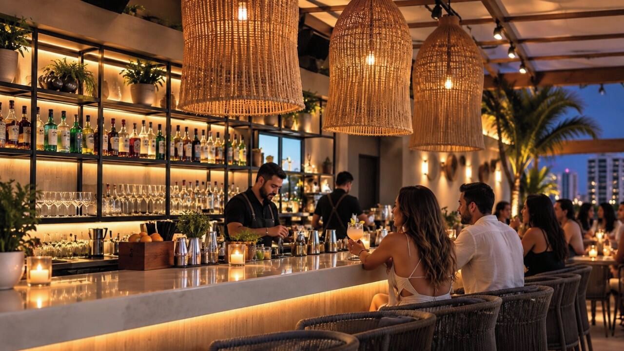 Eine Bar mit Barkeeper, Flaschenregalen und Korbstühlen.