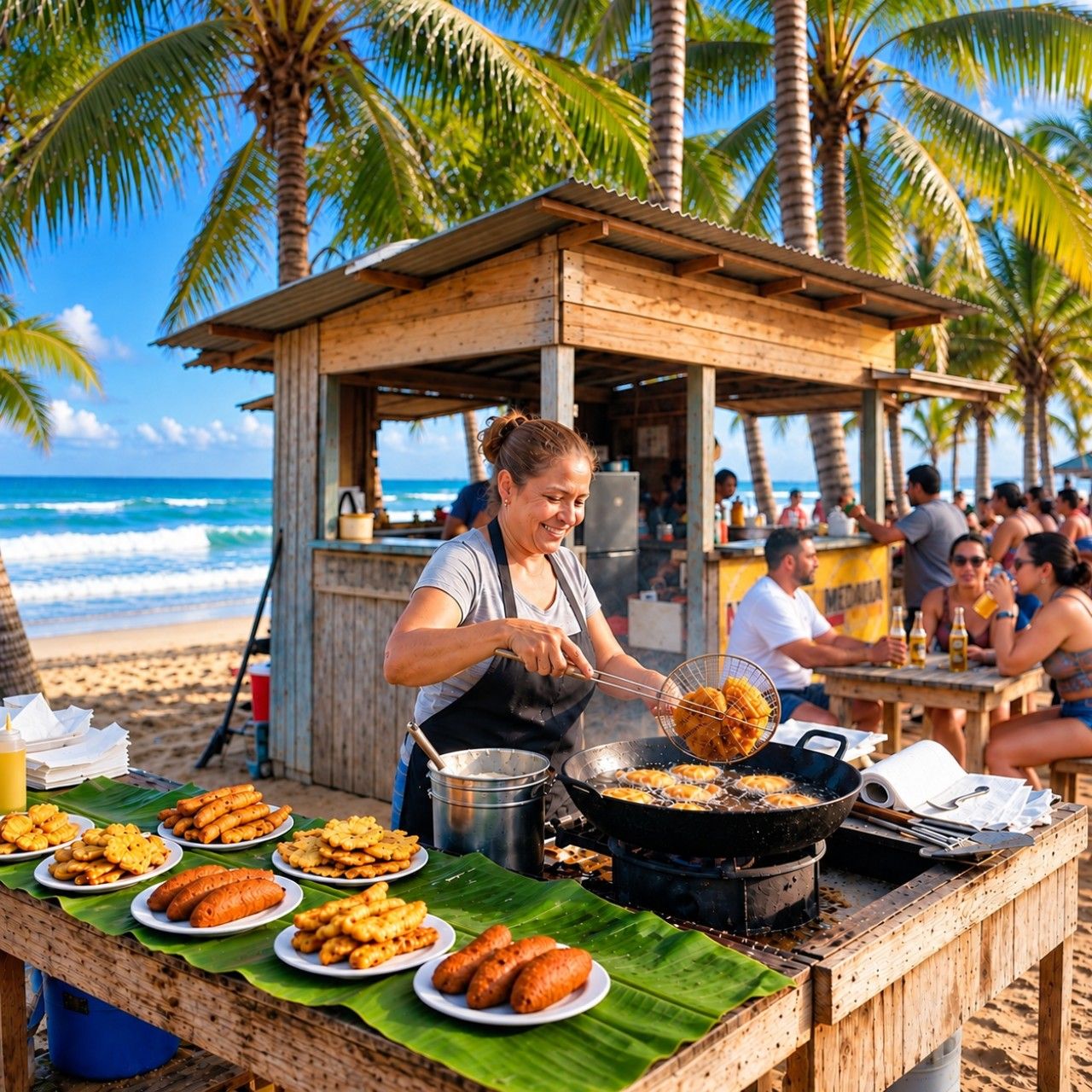 A beachside food stall with a grill, serving food on a wooden table with a banana leaf.