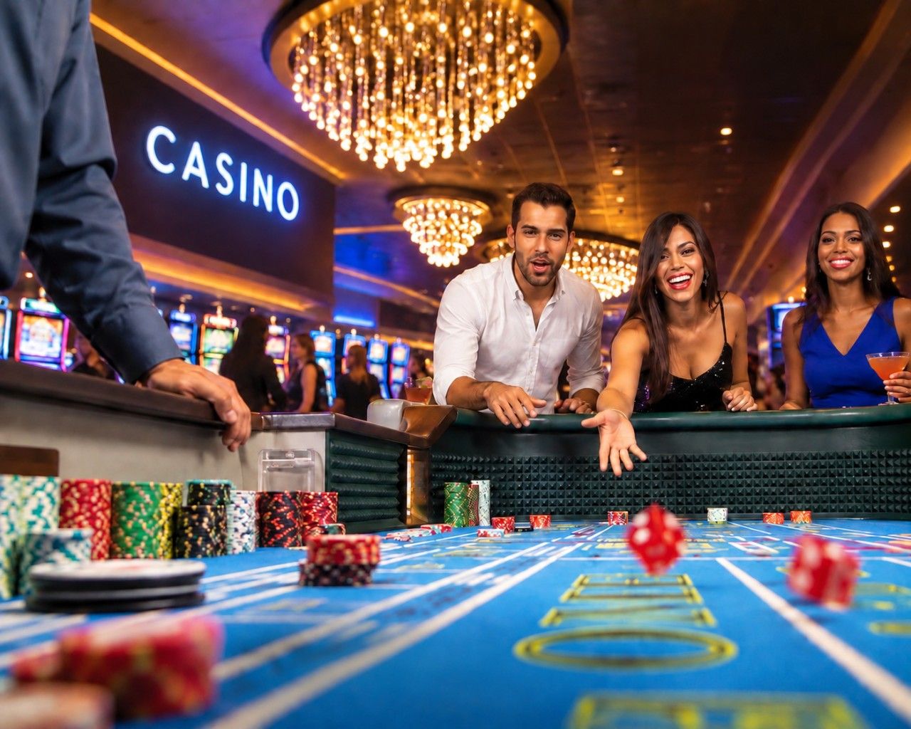 A casino setting with a blackjack table, chips, and a blackjack dealer.