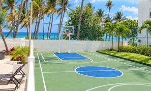 Un terrain de basket en plein air avec vue sur l’océan, entouré de palmiers et d’une clôture.