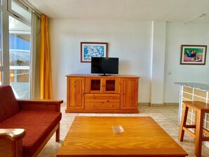 Een woonkamer met een bank, een houten salontafel, een televisie op een houten dressoir, en twee schilderijen aan de muur.