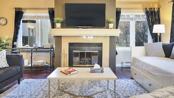 TV connectée, cheminée, Netflix, livres