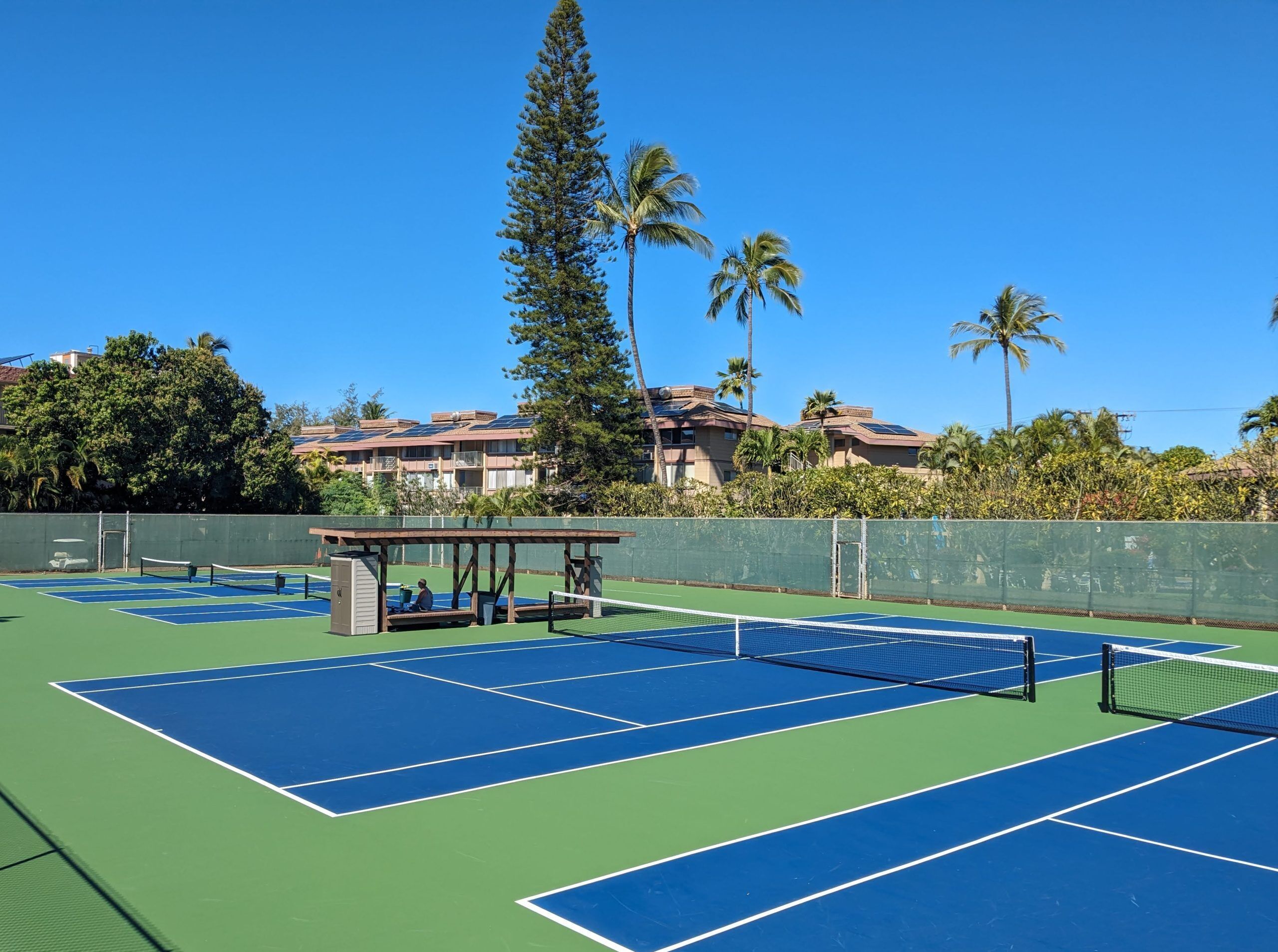 An outdoor tennis court with multiple courts, a covered seating area, and a backdrop of residential buildings and palm trees.