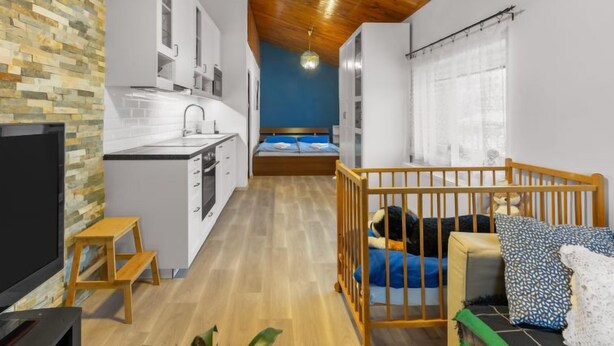Ein kompakter Wohnbereich mit Küchenzeile, einem Bett und einem Holz-Babybett.