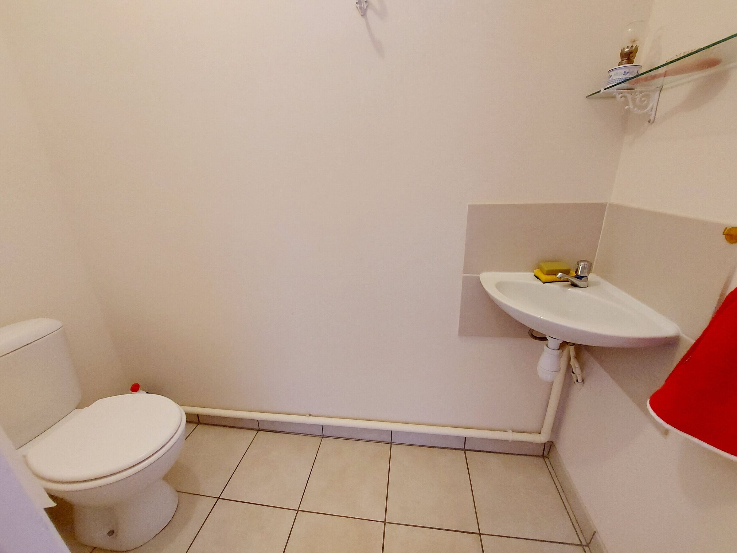 Une petite salle de bain avec des toilettes, un lavabo et un porte-serviettes rouge.