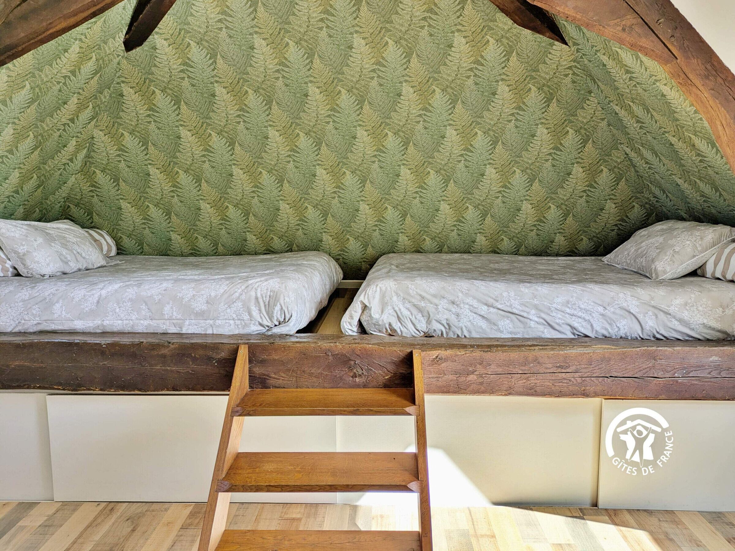 Une chambre aménagée en mezzanine avec deux lits, une échelle en bois et un mur orné d’un motif vert.