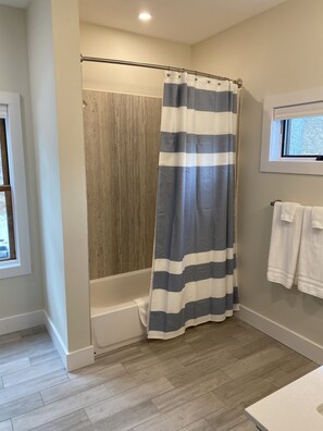 Combined shower/tub, hair dryer, towels, soap