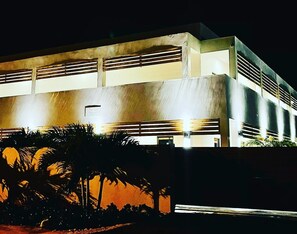 Stunning building with a flat roof and symmetrical facade, featuring horizontal lines and a landscaped outdoor area.