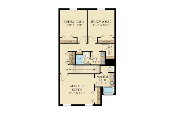 A floor plan of a house with two bedrooms, a master suite, a master bathroom, a standard bathroom, and a laundry area.
