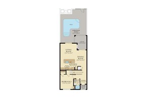 A floor plan of a hotel room with a living room, dining room, kitchen, bathroom, and a lanai.