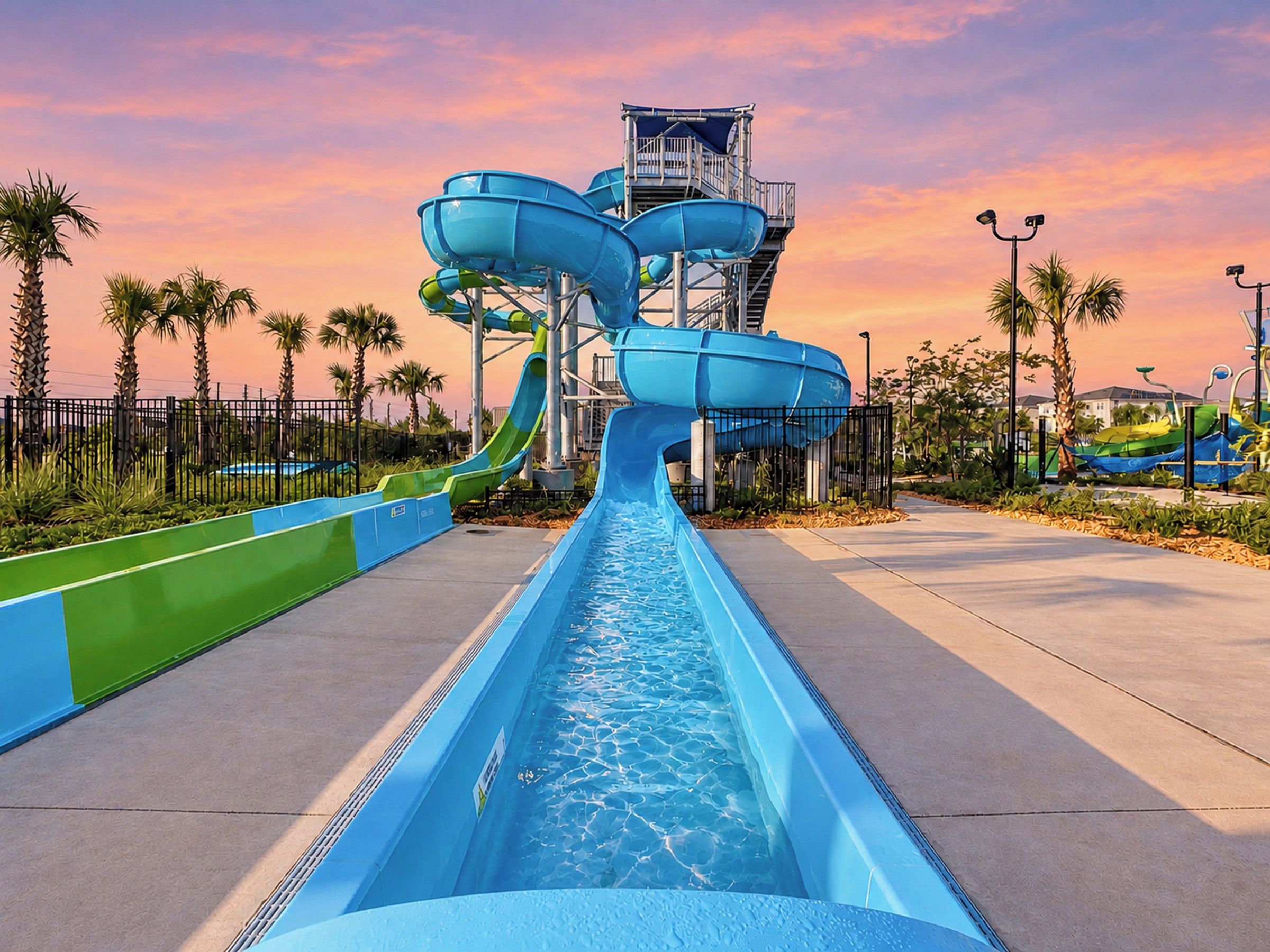 Resort Water Park Featuring Waterslides at Sunset
