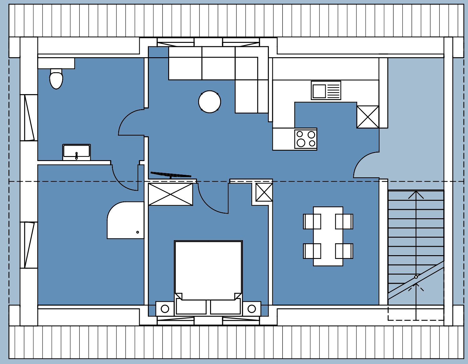 Plano de un cuarto de hotel que muestra una cama, un escritorio, una silla, un área de cocina pequeña y un baño.