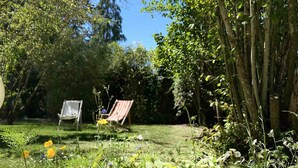 Un jardín con una silla y una mesa, rodeado de plantas y flores diversas.