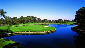 A golf course with a pond, surrounded by trees and a clear blue sky.