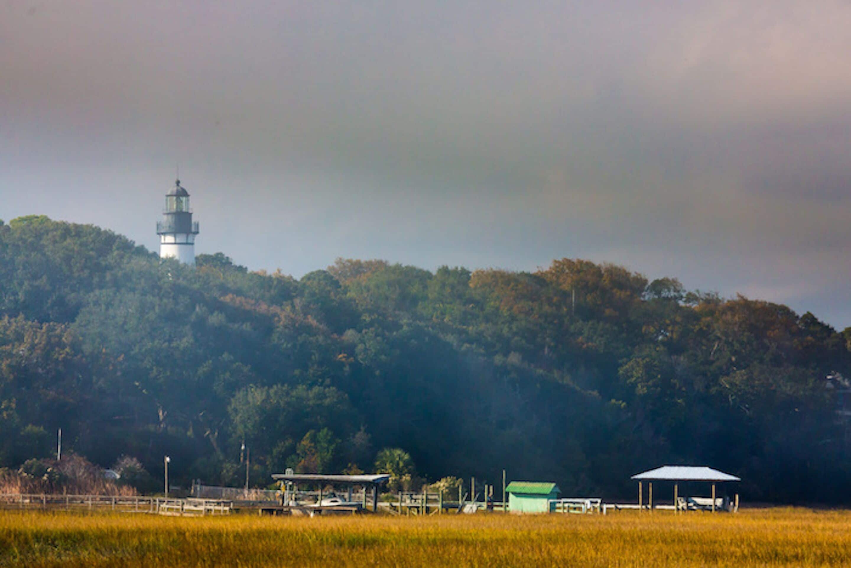 A lighthouse on a hill with a grassy foreground and a forested hill in the background.