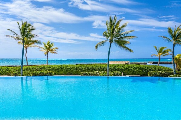A clear blue pool with a view of the ocean and palm trees.