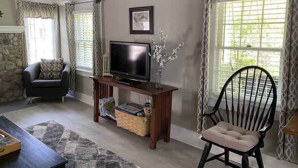 A living room with a television on a wooden stand, a black chair with a cushion, a stone wall, and a window with patterned curtains. - Hens & Chickens Cottage at Cozy Nook (Lake George)