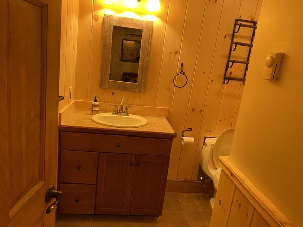 A wooden bathroom with a sink, mirror, and toilet. - Lake view , Cozy One Bedroom! Walk to Beach and Town! (Bolton)