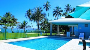 A swimming pool with a view of the ocean, surrounded by palm trees and a covered seating area. - Casa Tortuga | Beachfront Villa | Pool | Aguada PR (Aguada)