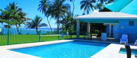 A swimming pool with a view of the ocean, surrounded by palm trees and a covered seating area.
