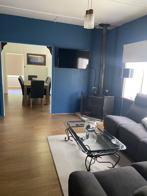 Televisie, een open haard en boeken