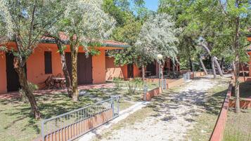 A courtyard with a pathway, trees, and a building with a red roof.