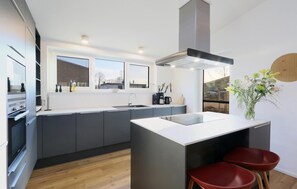 Fridge, stovetop, dishwasher, coffee/tea maker