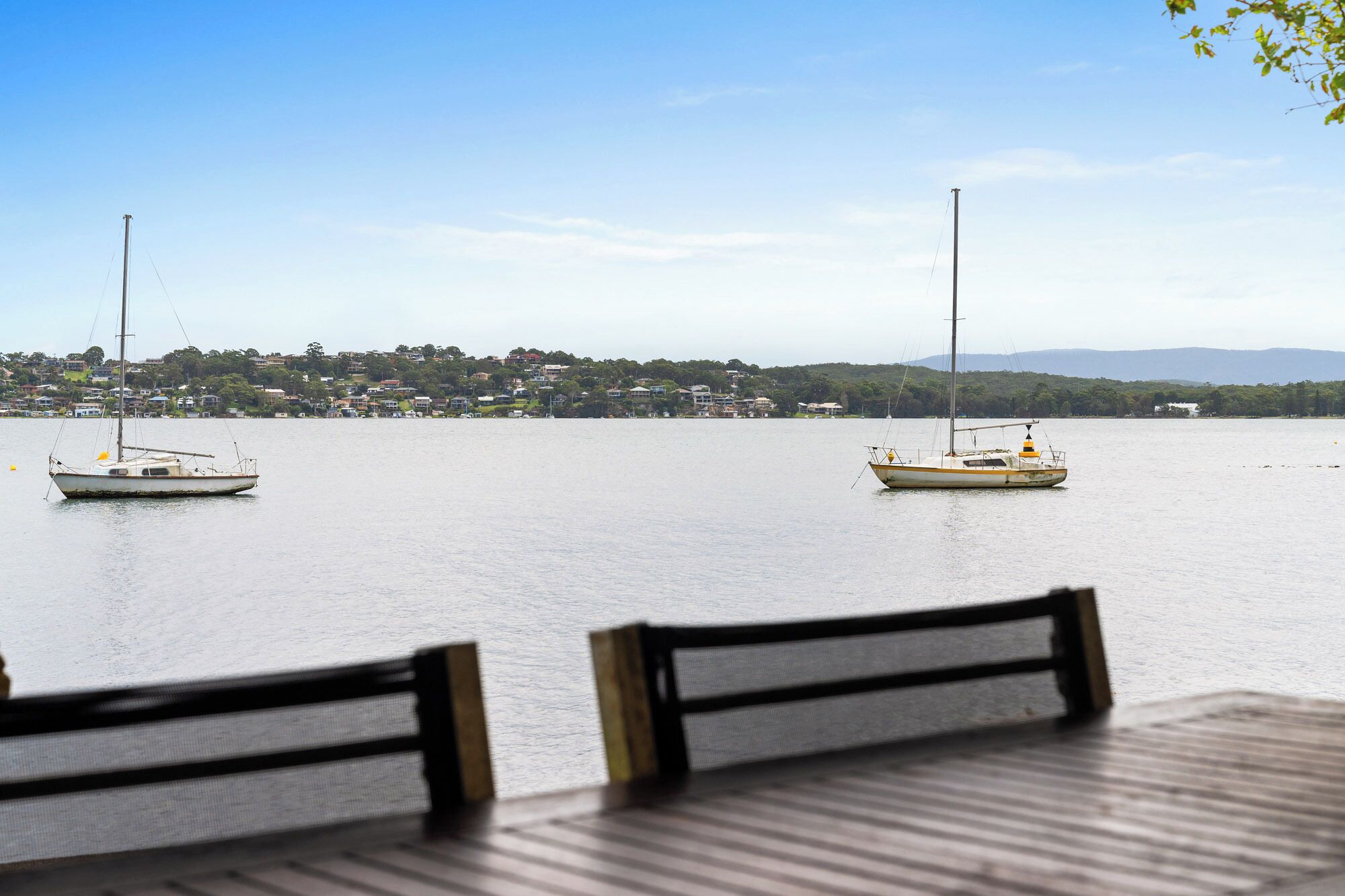 A view of two sailboats on calm water with a town in the background.