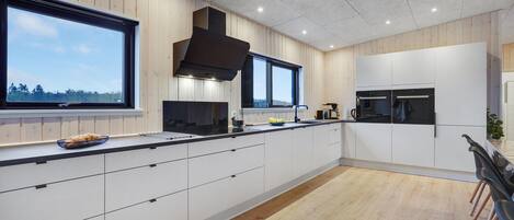 Fridge, stovetop, dishwasher, coffee/tea maker