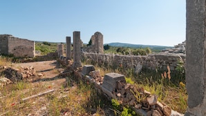 Des ruines antiques, avec des colonnes et des murs en pierre, entourées d’une végétation luxuriante et sous un ciel dégagé.