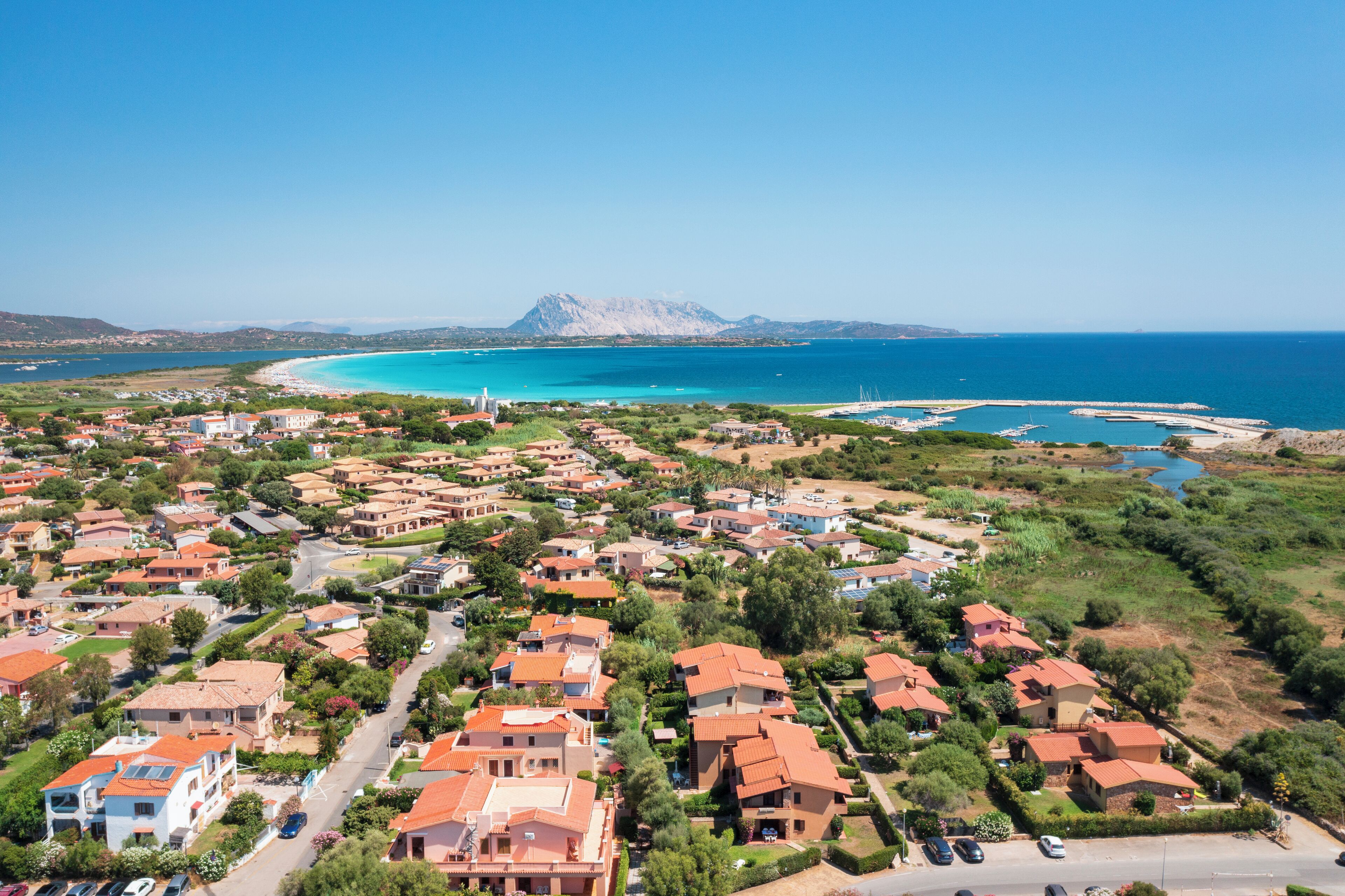 A coastal residential area with houses, roads, and a mountain in the background.