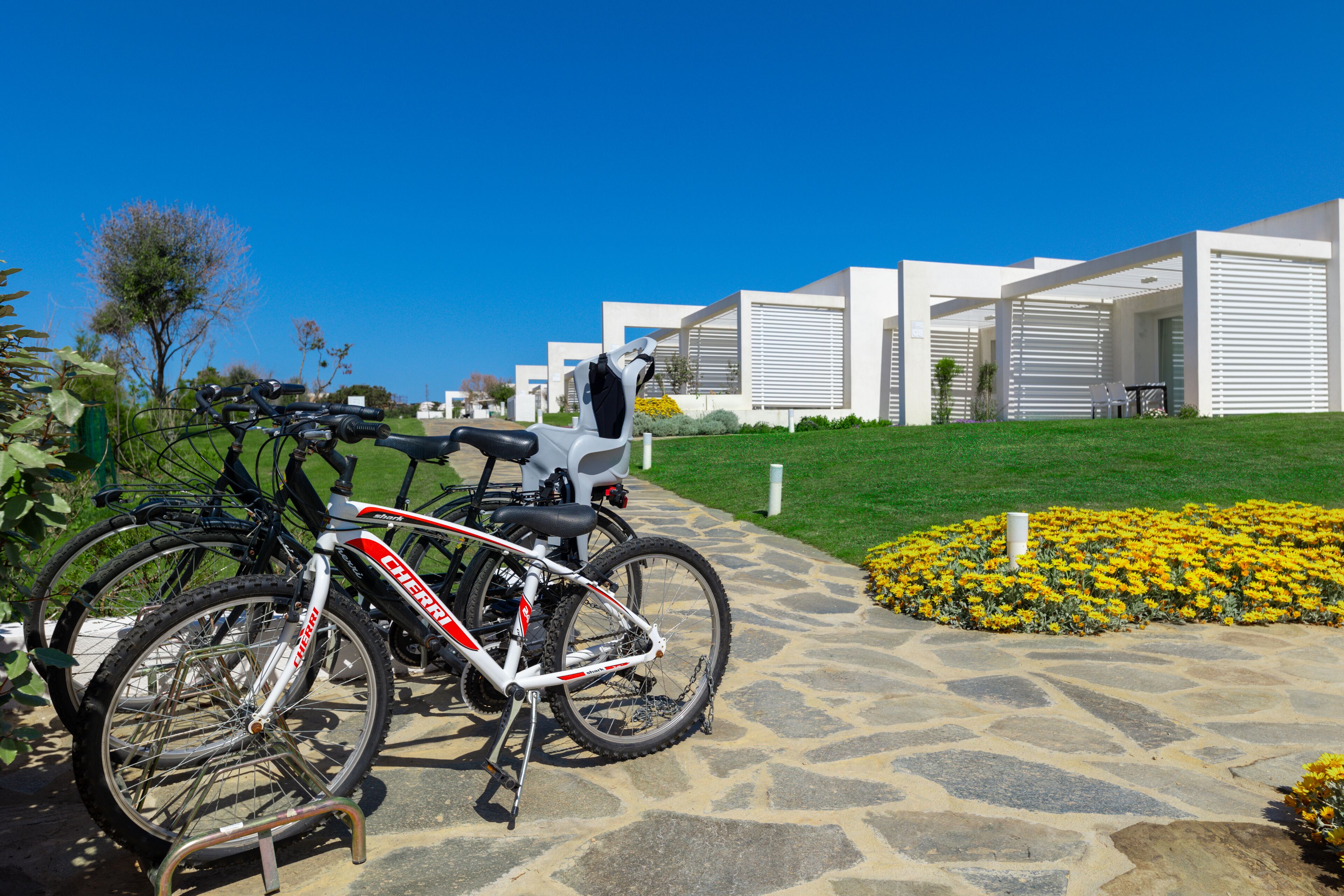 A bicycle parked on a paved path with a modern building in the background.