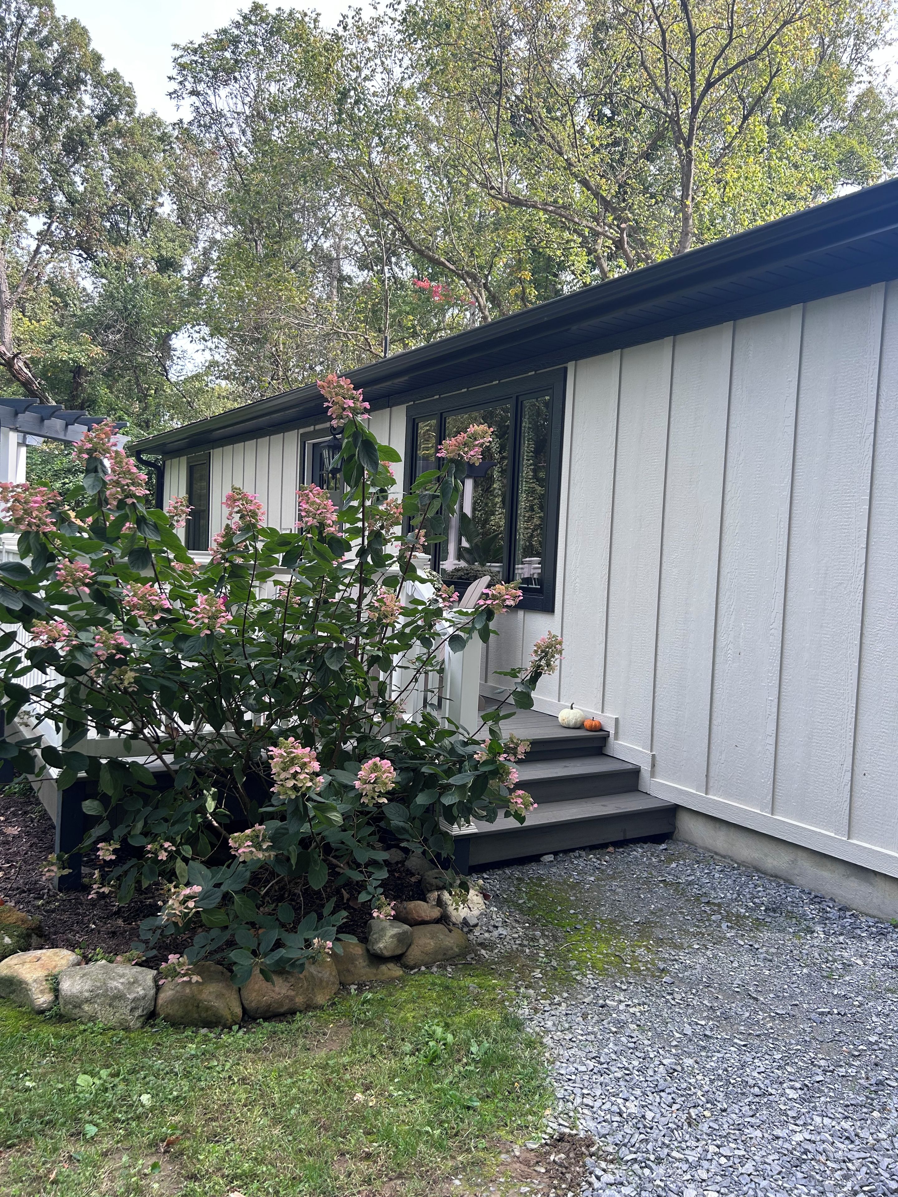 A modern house with a covered porch, a small garden with pink flowers, and a gravel driveway.