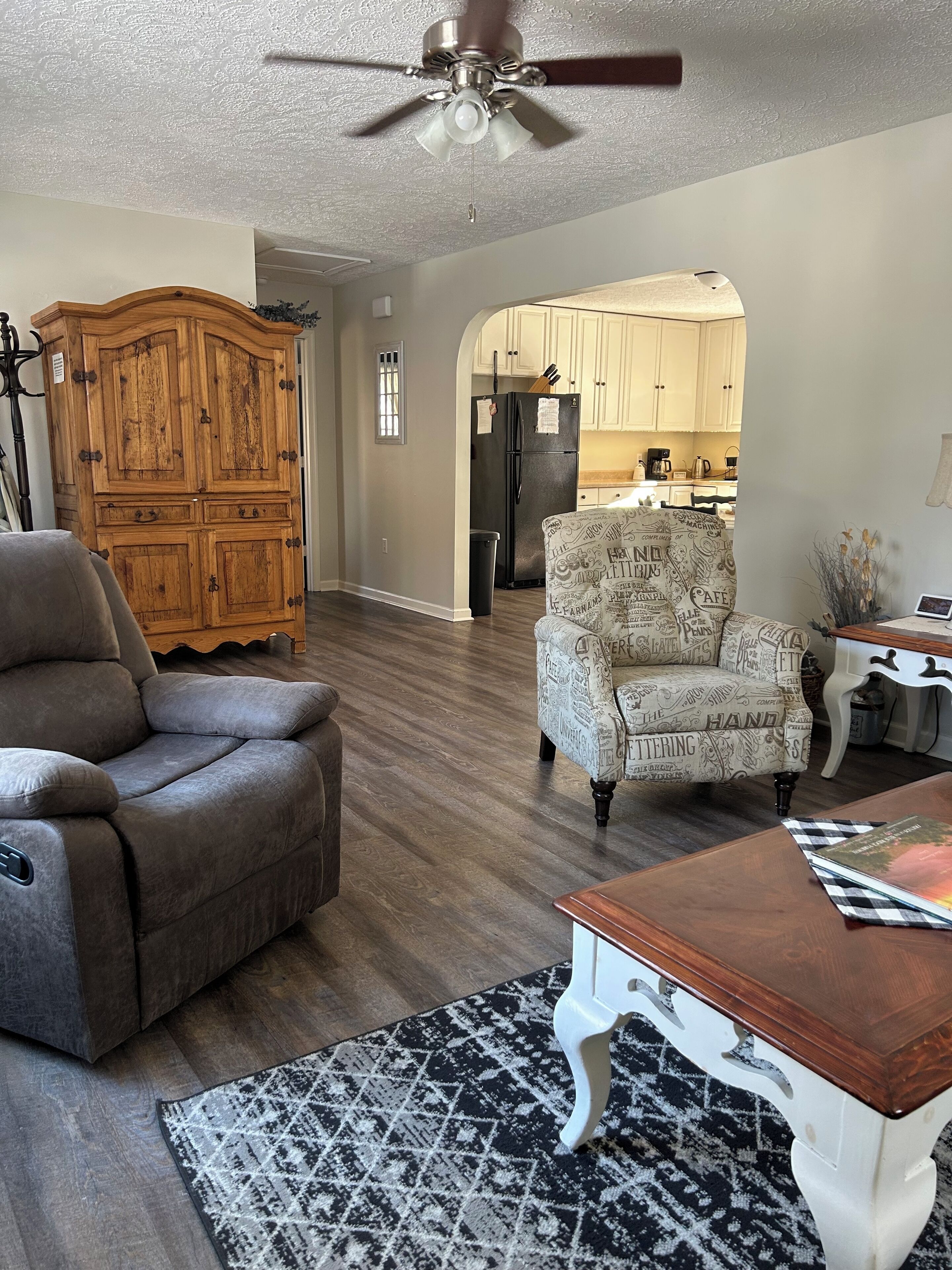 Fireplace, foosball, books