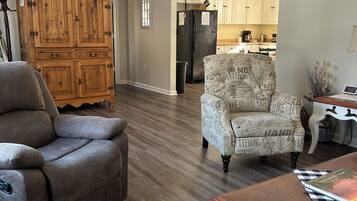 Fireplace, foosball, books