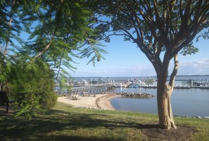 A marina with boats docked, a sandy beach, and a large tree in the foreground. - Walk to beach, beautiful large condo in "Kingsmill on the James" (Williamsburg)