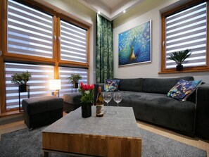 Apartament Comfort, no fumadors, vistes a la ciutat | Sala d'estar | Televisor LED de 55 polzades amb canals per satèl·lit i televisor 